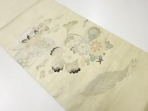 アンティーク　絽流水に菊・葡萄模様織出し丸帯（材料）